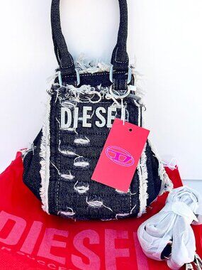 NWT DIESEL Distressed Denim Mini Tote Bag Rhinestone Logo Crossbody Y2K Grunge